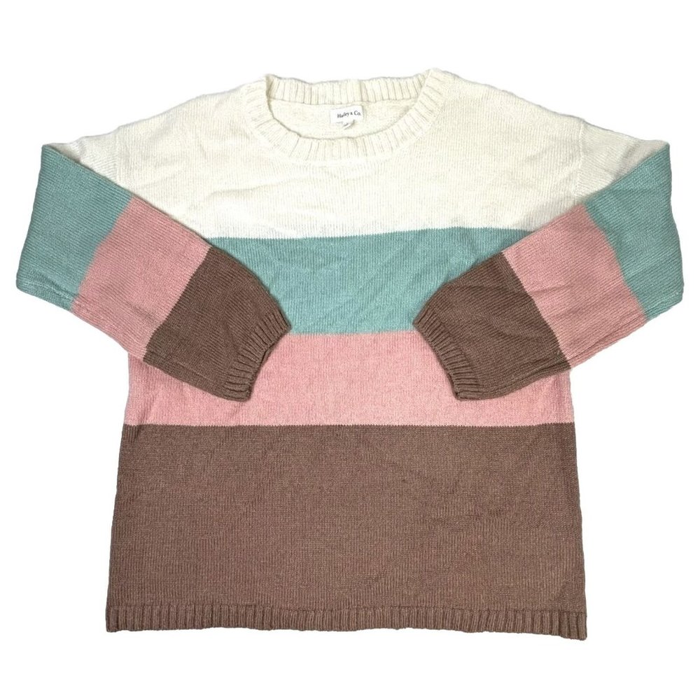 Hailey & Co Wool Bld Knit Sweater Spumoni Striped Womens Large Cozy Pullover EUC